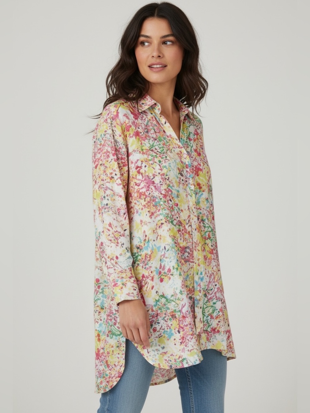 Happy Few Cotton Splatter Multicolor Button Up Tunic Oversized Top